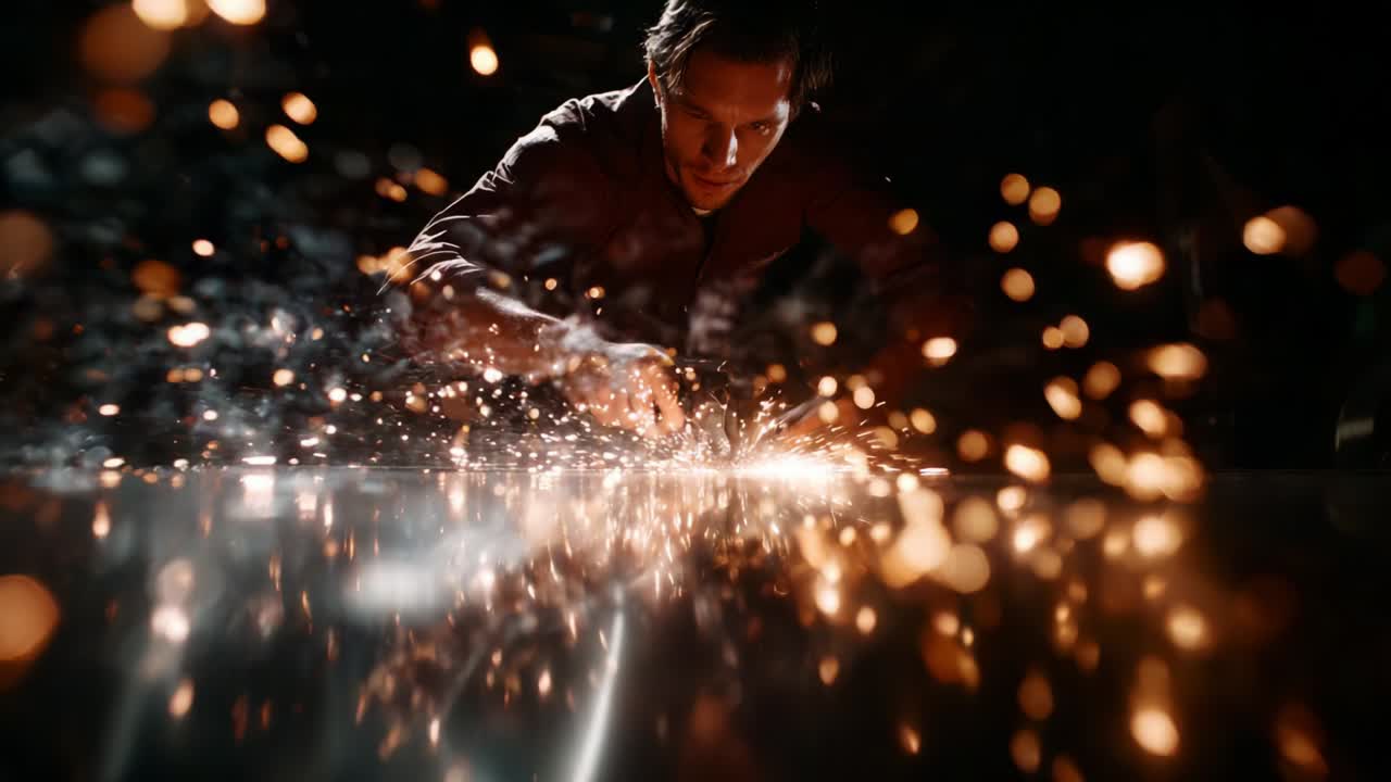 A focused craftsman skillfully working with metal, creating sparks and dramatic lighting that illuminate the workspace, showcasing artistry and precision in a captivating spark-filled environment