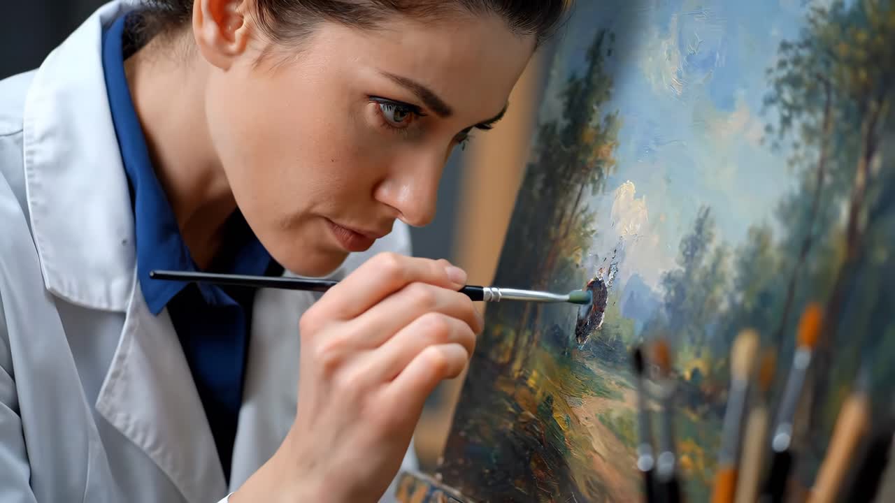 Artist painting a landscape on canvas