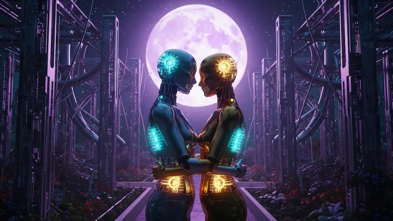 Two Futuristic Robots Facing Each Other Under a Large Moon Surrounded by a Mechanized Landscape, Symbolizing Connection and Technology Beyond Humanity
