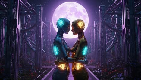two futuristic robots facing each other under a large moon surrounded by a mechanized landscape, symbolizing connection and technology beyond humanity