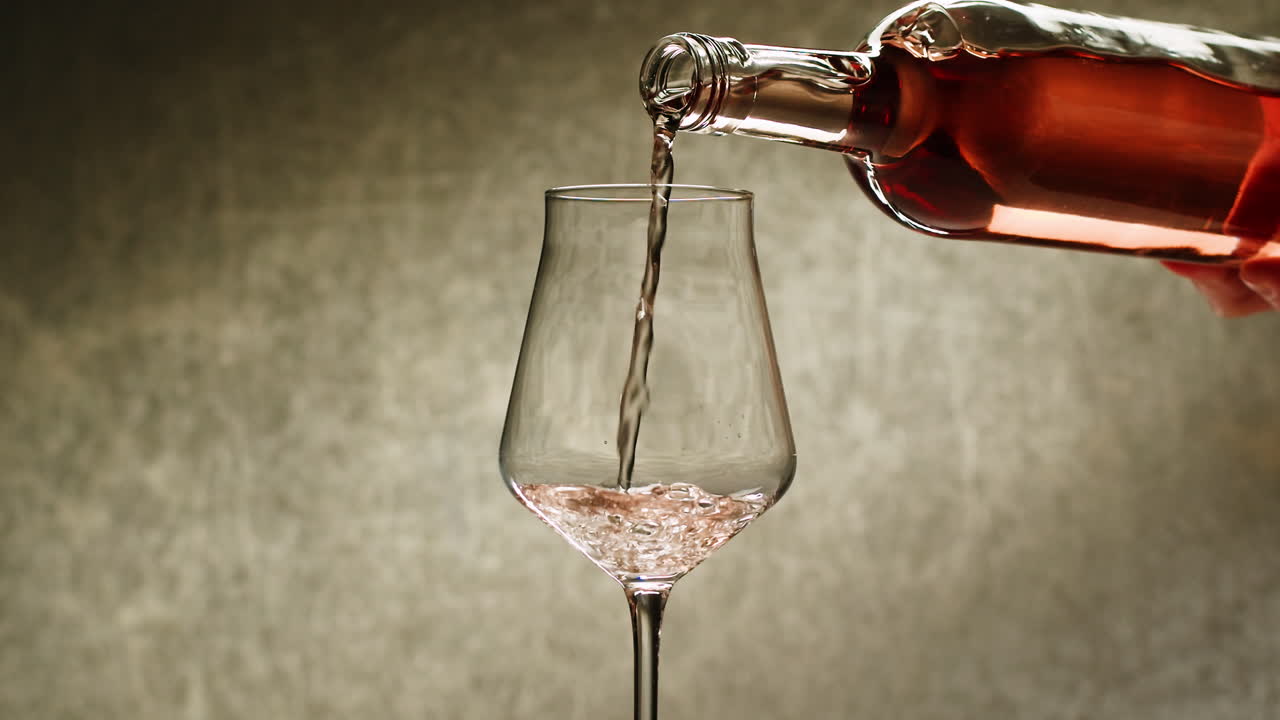 Rose Orange or white wine bottle and glass against a sunset in a peaceful vineyard, pouring of ecological natural wine. Cheers, hands with wine glasses, drinking alcohol.