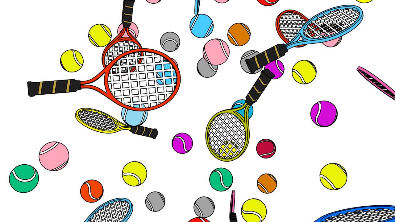 색 배경에 다채로운 테니스 공과 테니스 라켓을 그려 놓습니다.