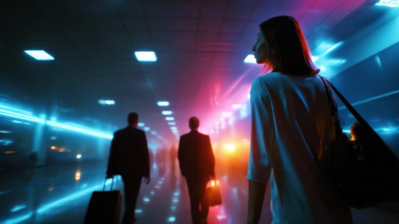 A Mysterious Travel Journey: Capturing the Essence of Urban Exploration in an Eerie, Neon-Lit Environment as Figures Traverse Through a Foggy Terminal Backdrop with Dynamic Lighting Effects