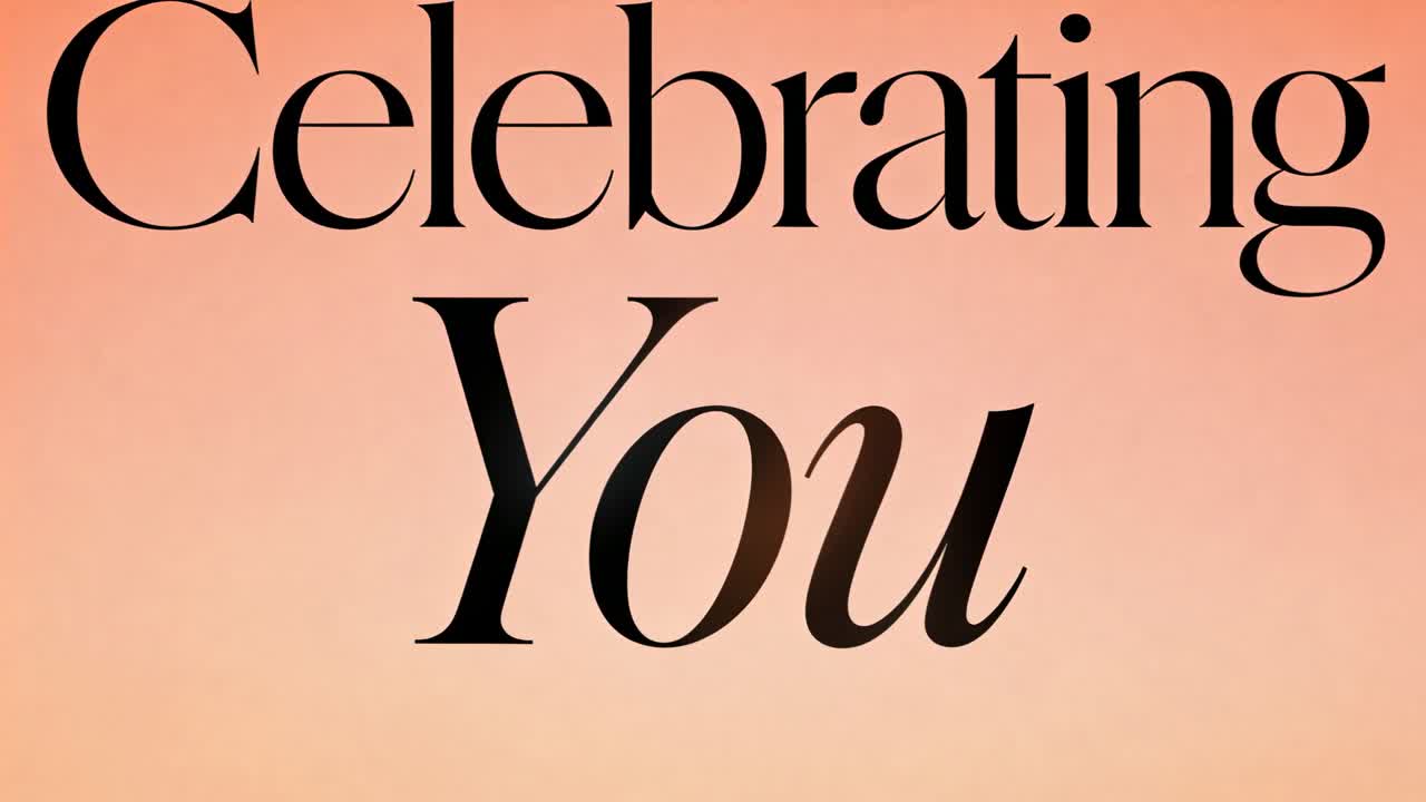 Showing on start text Celebrating You headline centered on peach gradient, wisps drifting to honor