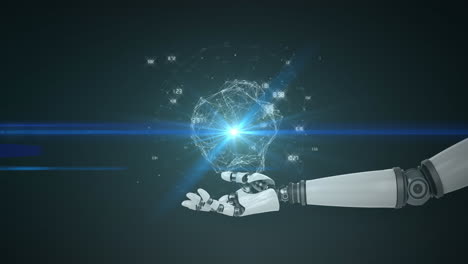 animación de la red de procesamiento de datos sobre la mano del brazo del robot, con luz azul sobre fondo negro