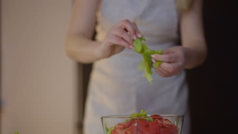 Woman-in-apron-tears-lettuce-leaves-adding-to-salad-at-table