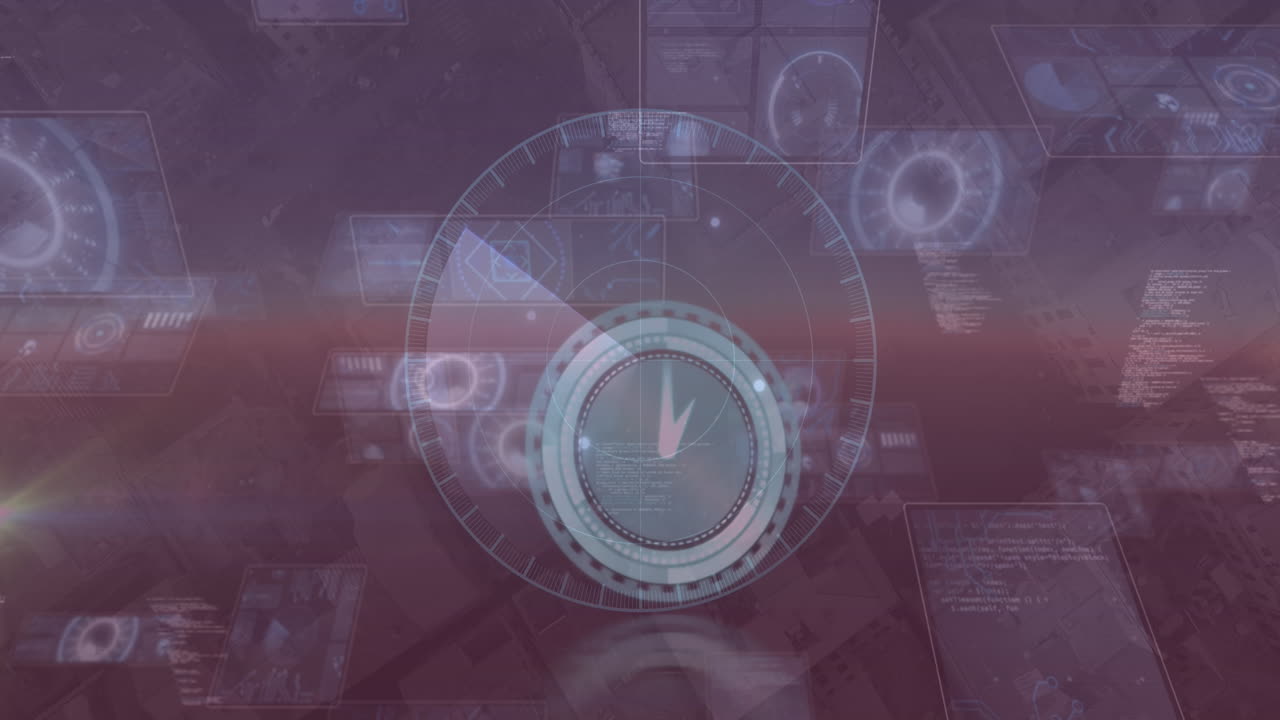 Animation of data processing over clock and blue background