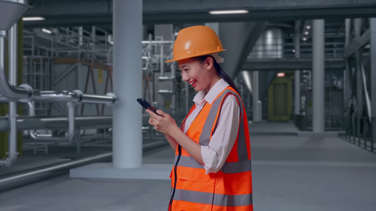 Vista lateral de ingeniera asiática con casco de seguridad usando un smartphone mientras está de pie en el interior de una destilería con grandes tanques de fermentación.