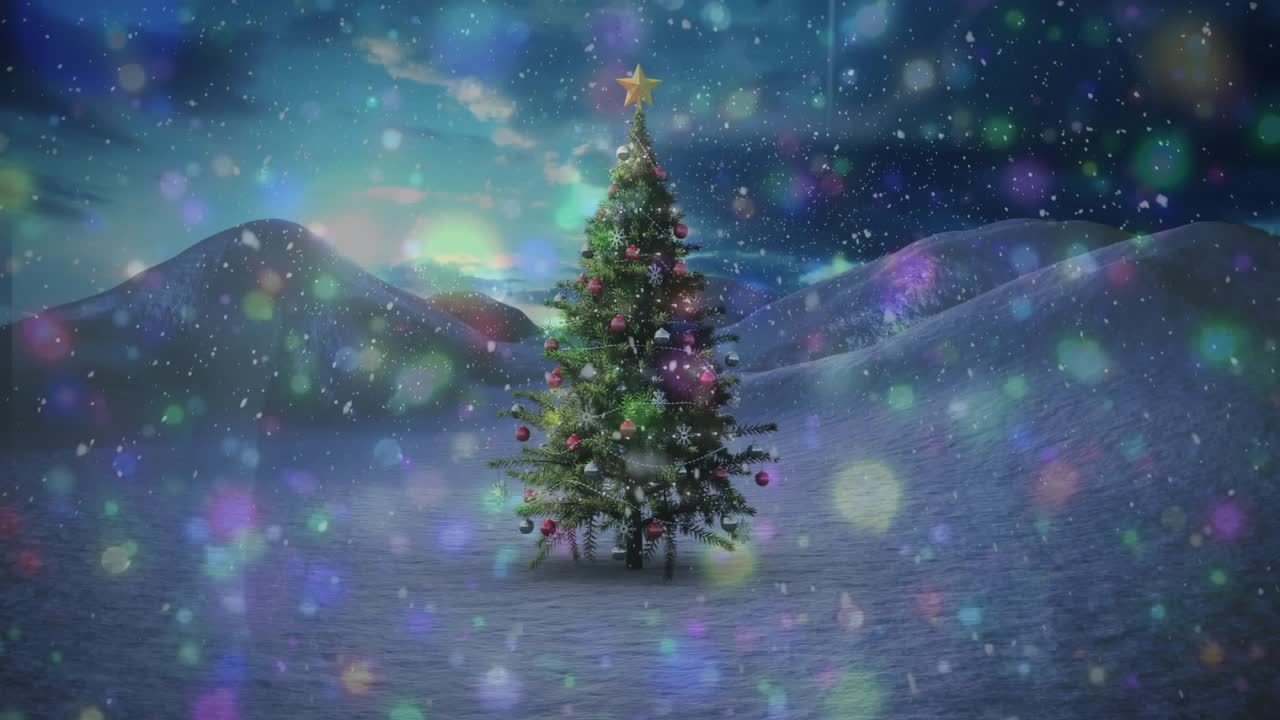 Flurry initiating flakes drifting and bokeh lights pulsing around decorated fir adding festive vibe