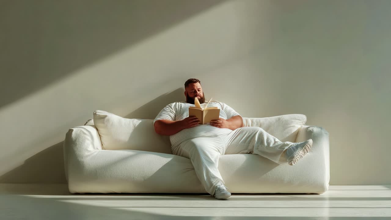 A Relaxing Moment: A Man Sitting Comfortably on a White Sofa, Engrossed in a Book Under Soft Natural Light, Capturing a Scene of Peacefulness and Leisurely Enjoyment