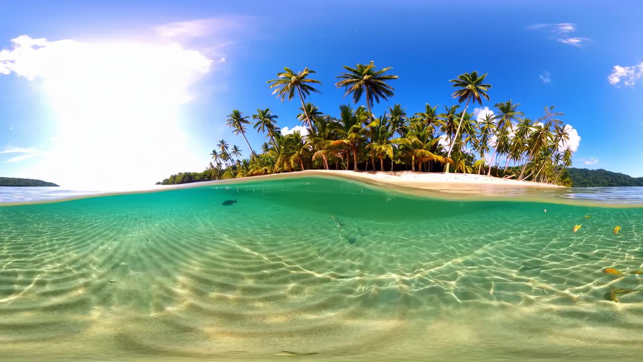 Uma impressionante filmagem de vídeo de cima para baixo de uma ilha tropical, misturando vistas subaquáticas e do céu