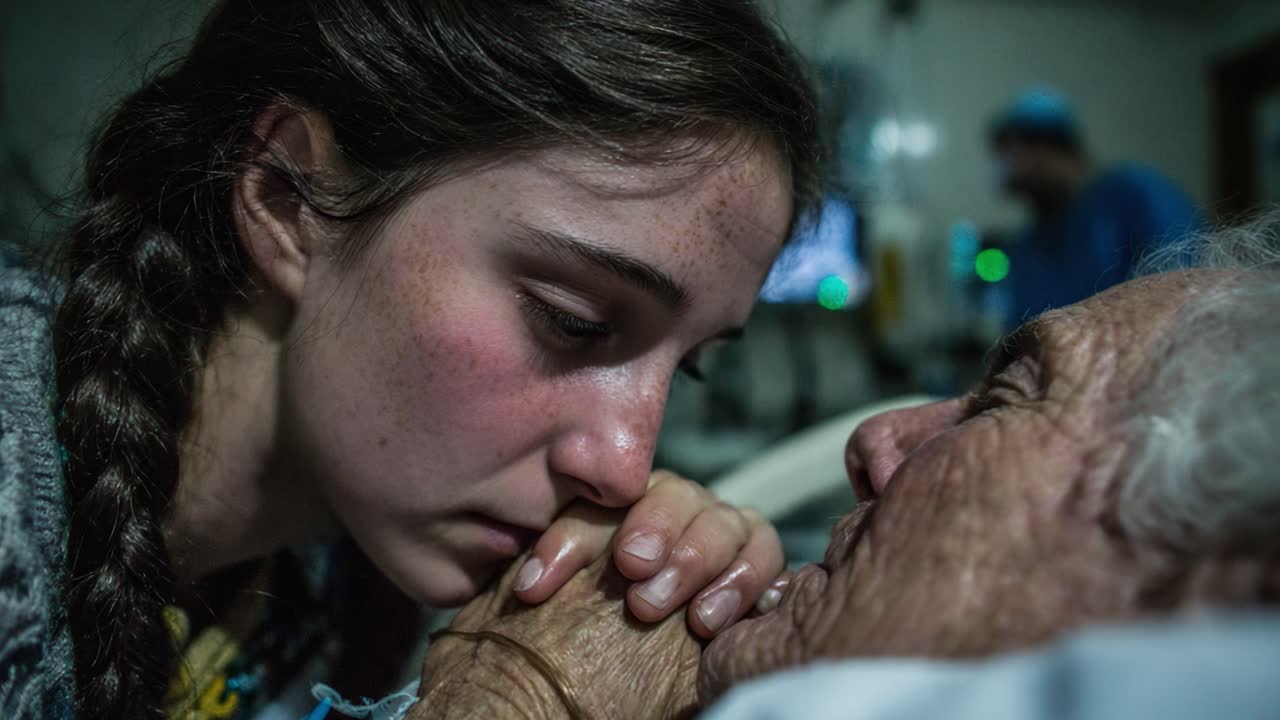 Un moment émouvant : Le lien émotionnel entre une jeune femme et un patient âgé dans un cadre hospitalier, témoignant d'amour et de tendresse.