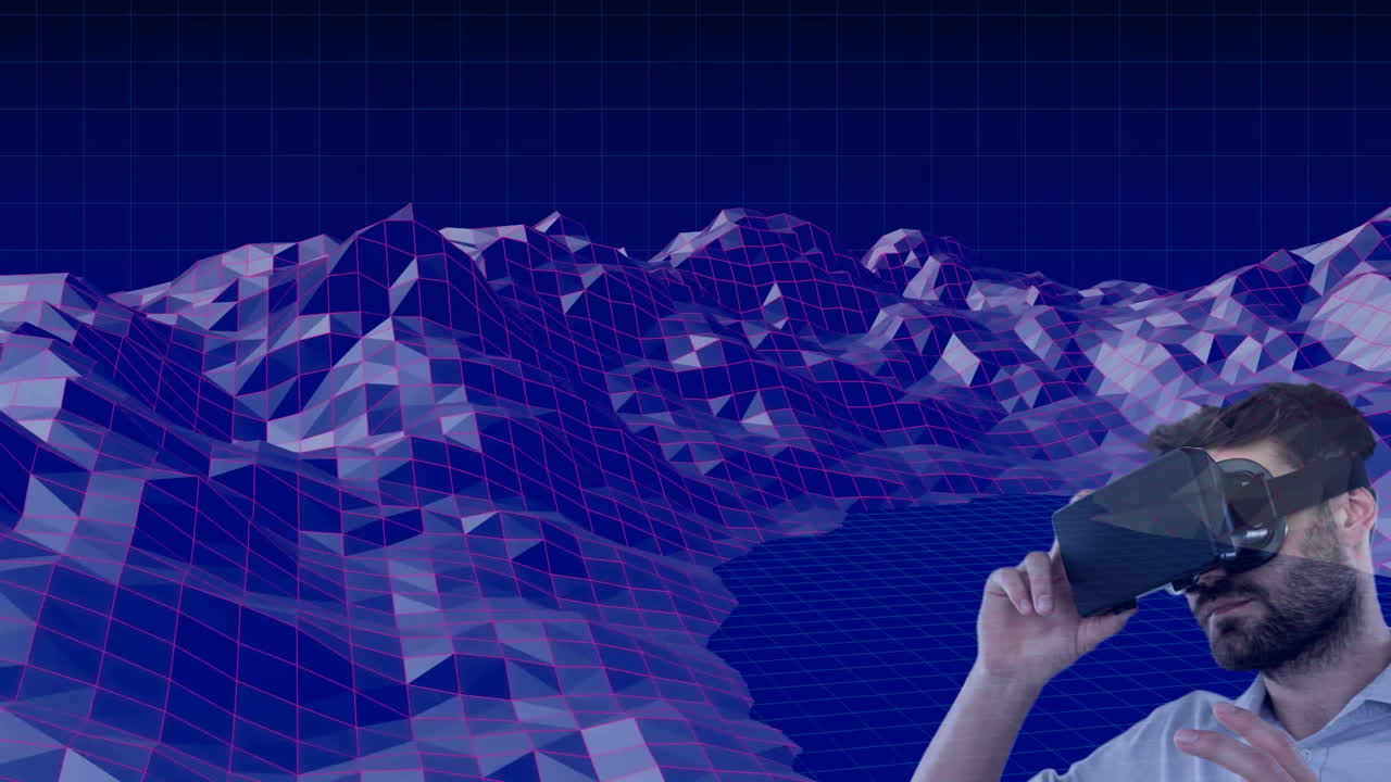 Caucasian man wearing vr headset against 3d mountain structures spinning against blue background