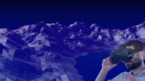 hombre caucásico con auriculares vr contra estructuras de montaña en 3d girando contra un fondo azul