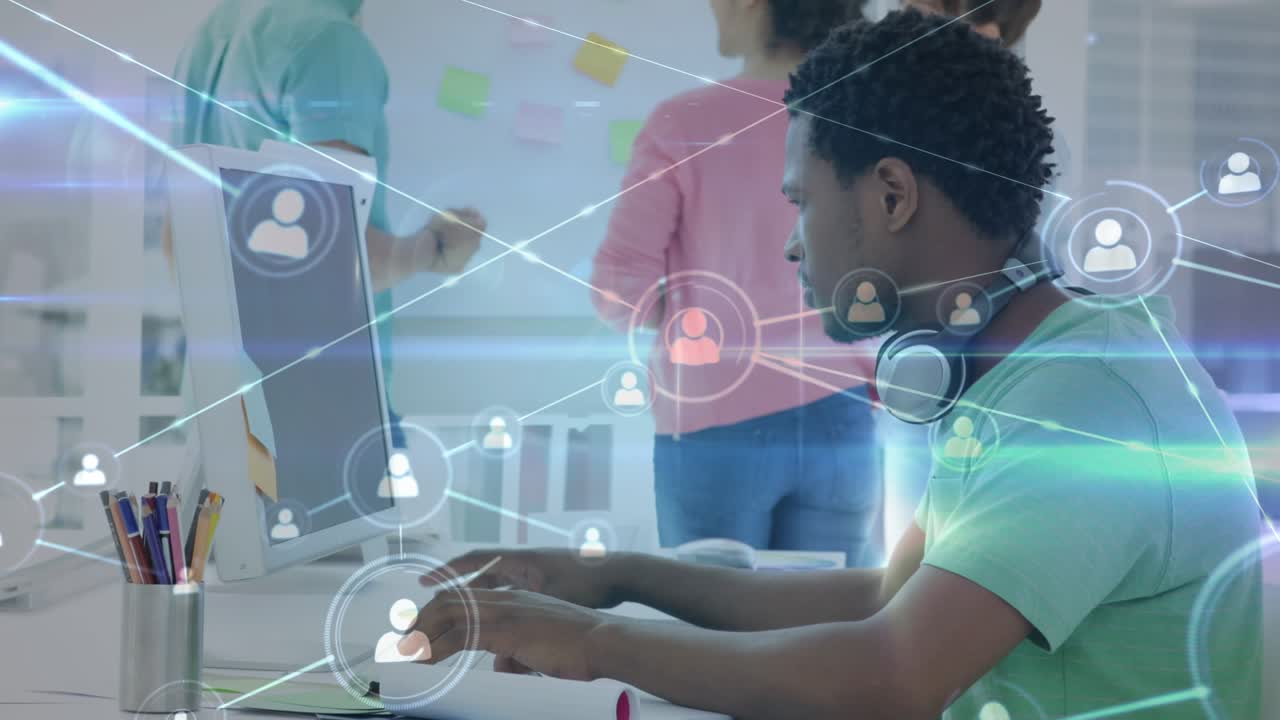 Animation of network of connections and globe over diverse business people