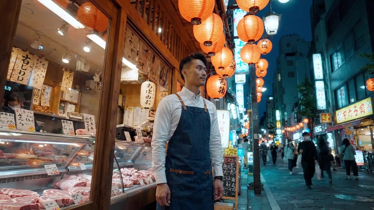 提灯が灯る伝統的な市場の夕暮れの雰囲気：賑やかな都会の街並みで、清潔なエプロンをつけた売り子が客を待つ