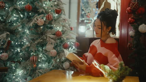 woman reading in a cozy christmas cafe