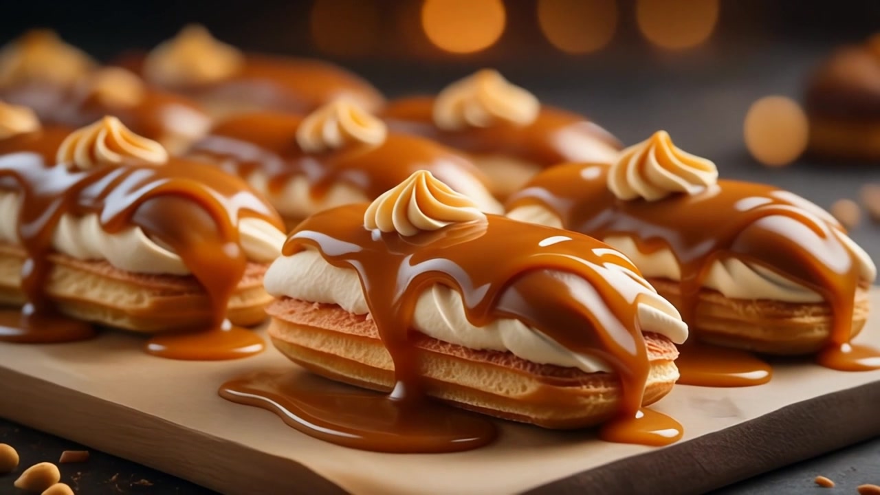 Deliziosi éclair al caramello con ripieno di crema su un tagliere di legno