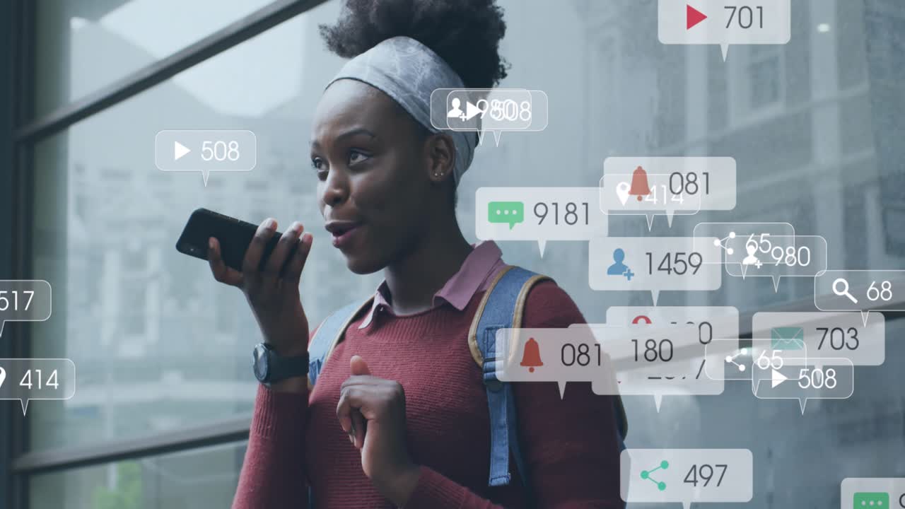 Animation of notification bars over african american woman talking on speaker of cellphone