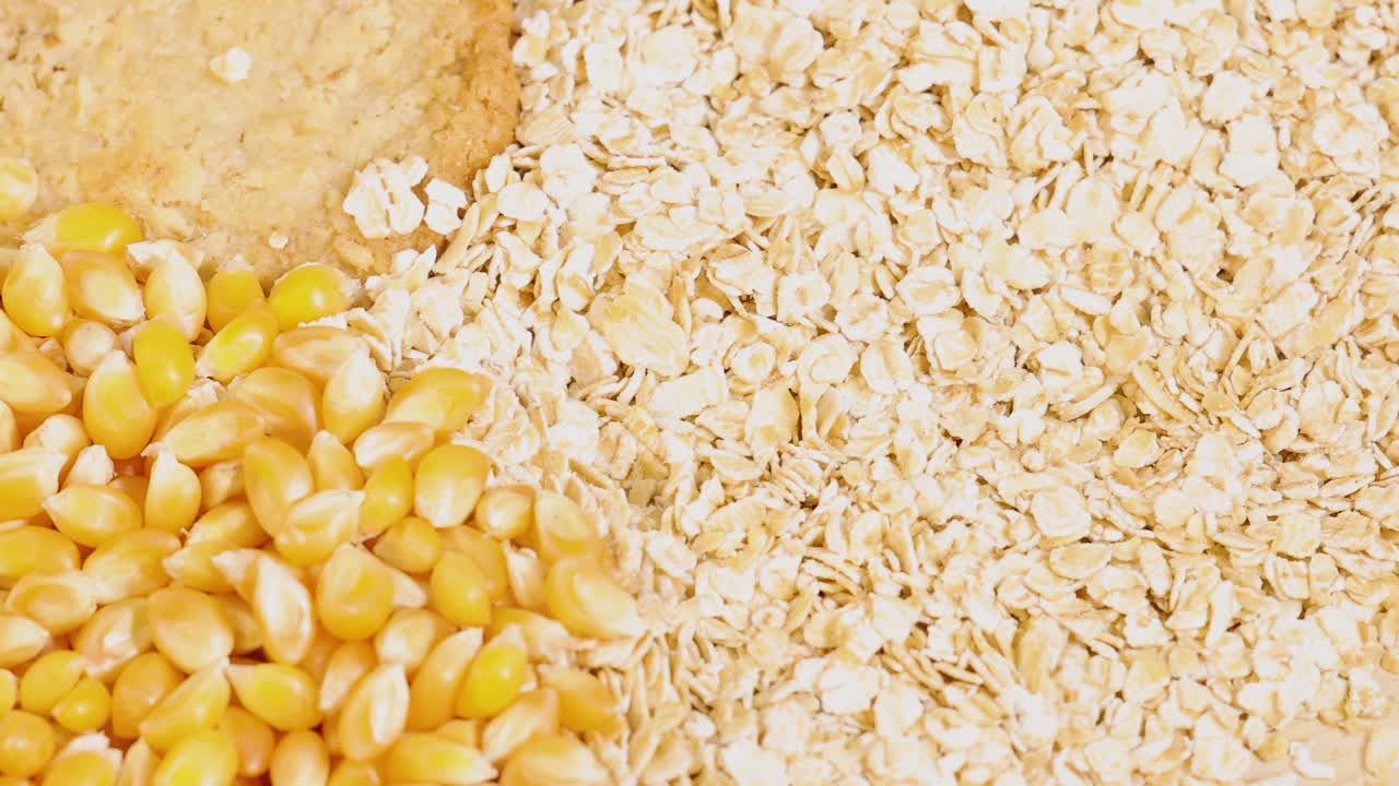 Close-up views of various grains, pasta, and bread in warm lighting, highlighting textures and colors