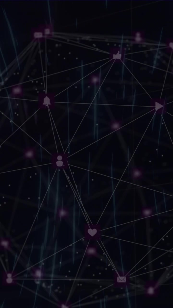 Animazione di una rete di connessioni con icone su sfondo nero.