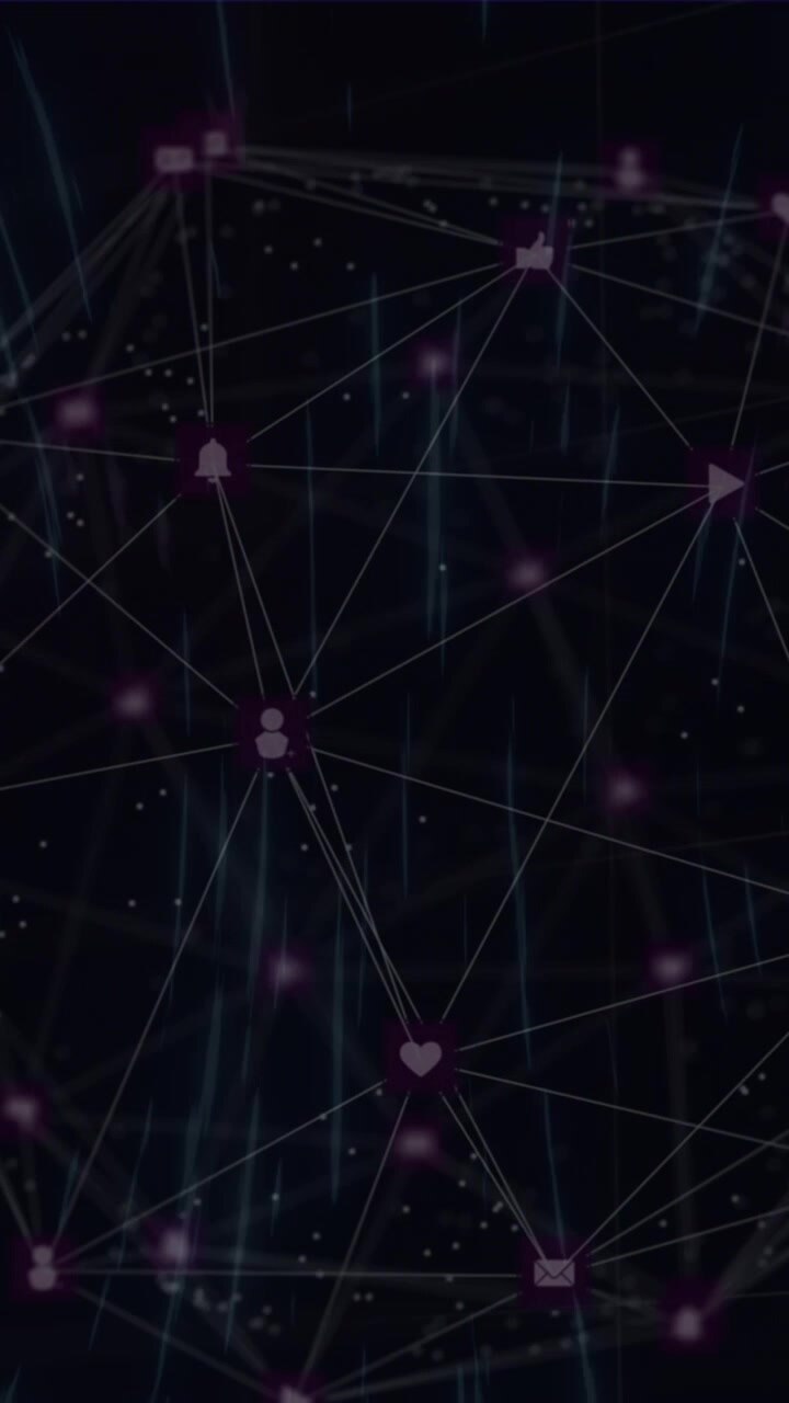 Animazione di una rete di connessioni con icone su sfondo nero.