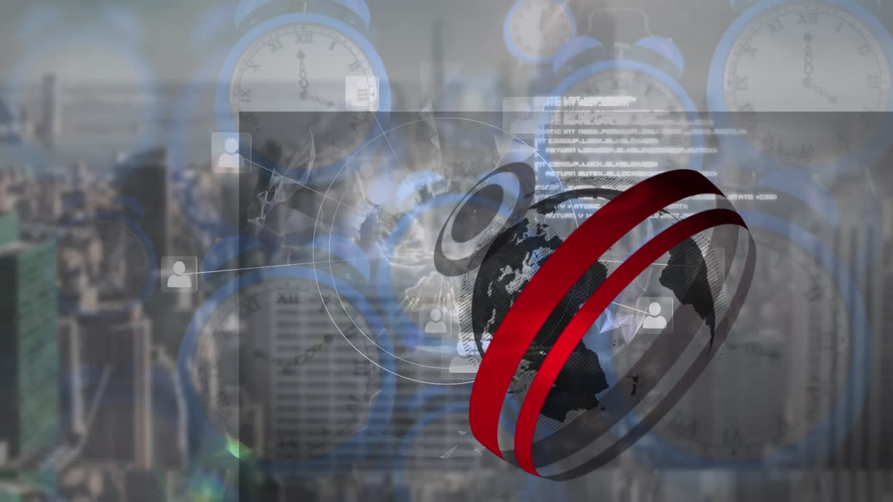 연결 네트워크와 시계와 도시 풍경에 대한 데이터 처리와 함께 지구의 애니메이션