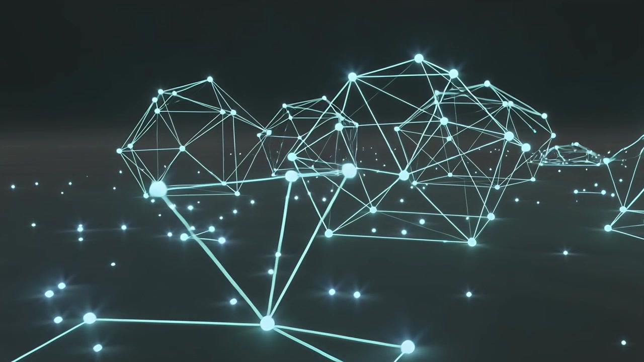 Moving camera forward, glowing node clusters linking and forming wire mesh to reveal form