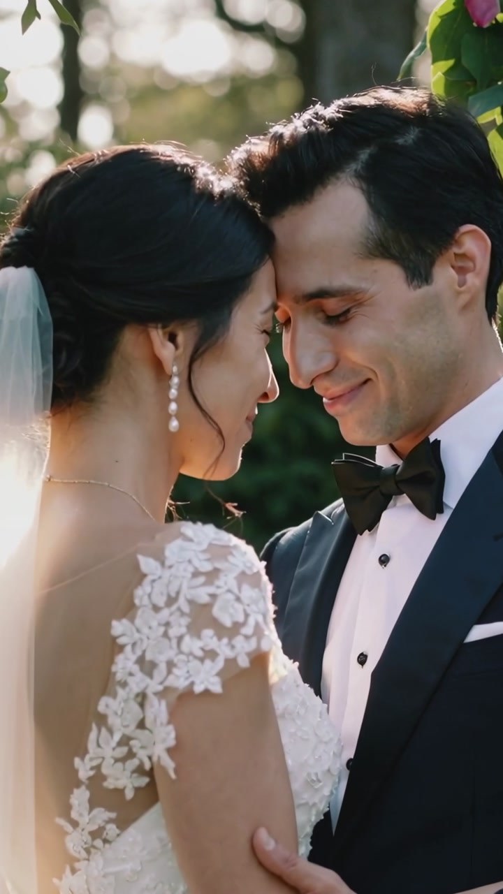 Vertical video: Leaning couple touching foreheads in garden, sunlight giving wedding portrait, veil
