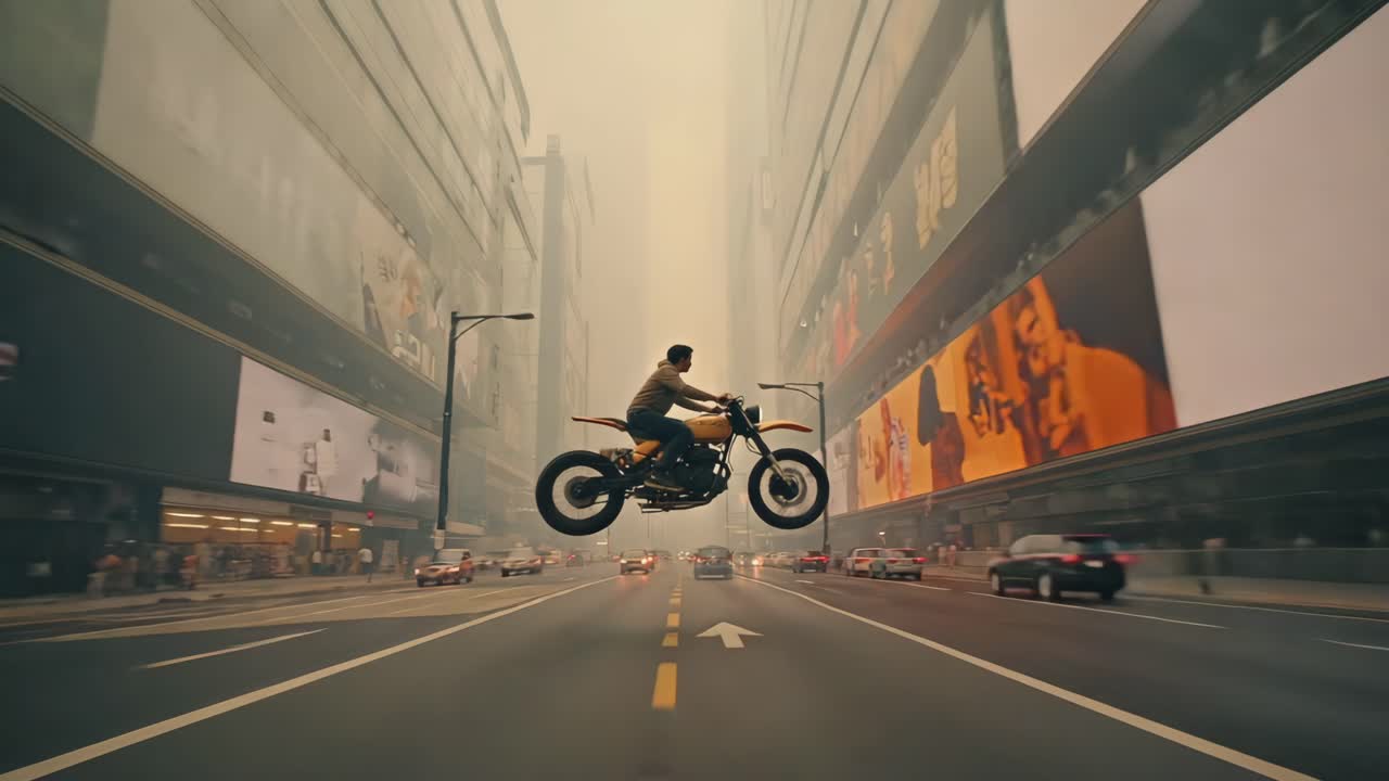 A man rides a levitating motorcycle down a busy city street