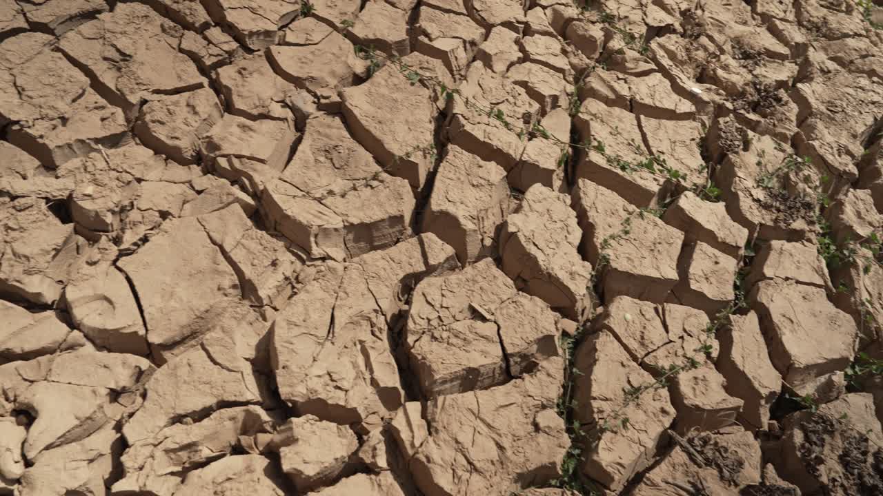 Overhead view of cracked fields and exposed riverbank, linking dry season water shortage to farming and climate change