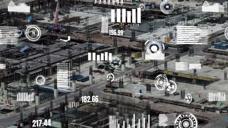 Bautechnikkonzept mit Umbaugrafik über der Baustelle
