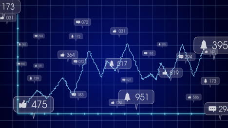 flat design neon-blue line chart displaying peaks and valleys on dark grid showing social metrics