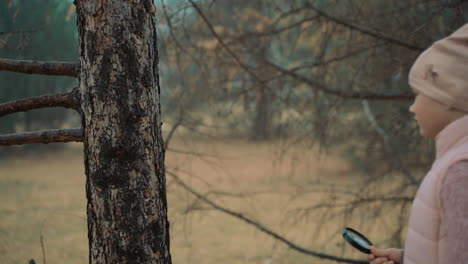 una niña mirando a través de una lupa en el bosque.