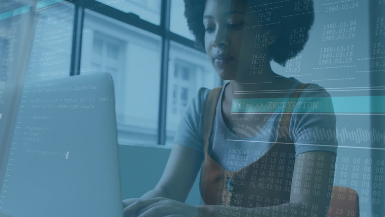 Working on laptop, person with data encryption animation overlay in school