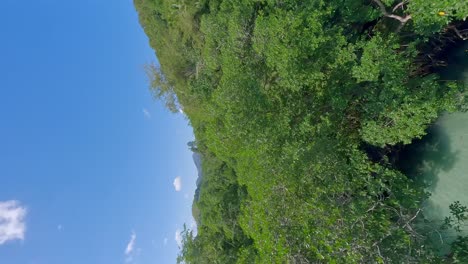 people bathing in transparent and shallow waters of caño or cano frio river, samana in dominican republic