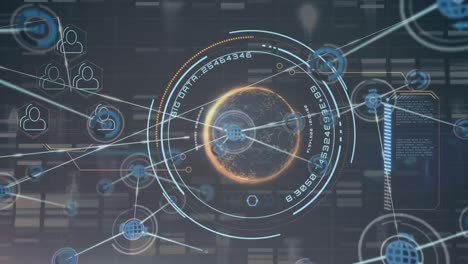 Animation-of-network-of-connections-with-icons-over-globe-and-grid