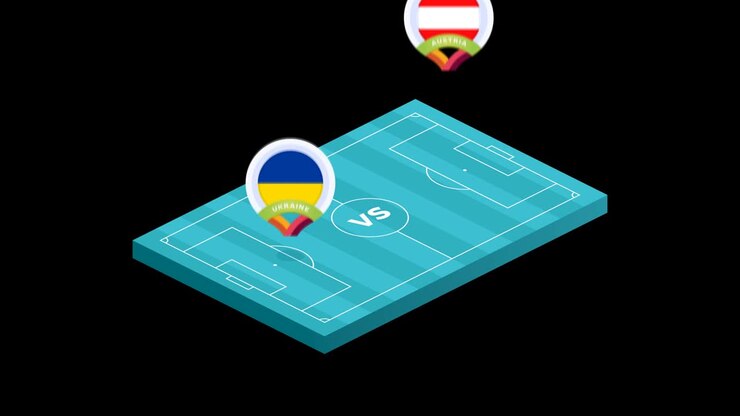 ukraine vs austria match football isometric field video animation. Football 2020 championship match versus teams intro sport alpha matte background, competition full hd animation