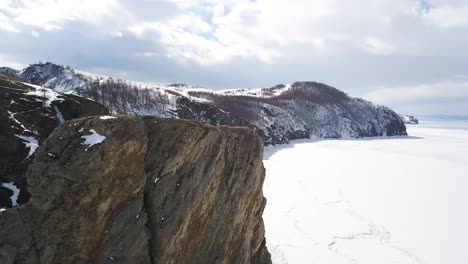 frozen lake with rocky cliffs in winter