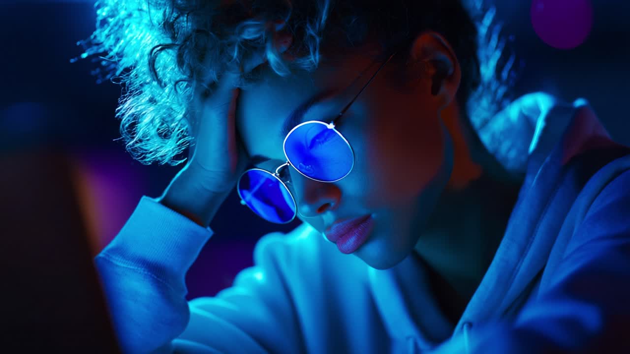 A Young Woman in Stylish Glasses Contemplates Deeply, Bathed in a Moody Blue Light, Reflecting on Thoughts While Working on Her Laptop in a Dimly Lit Environment