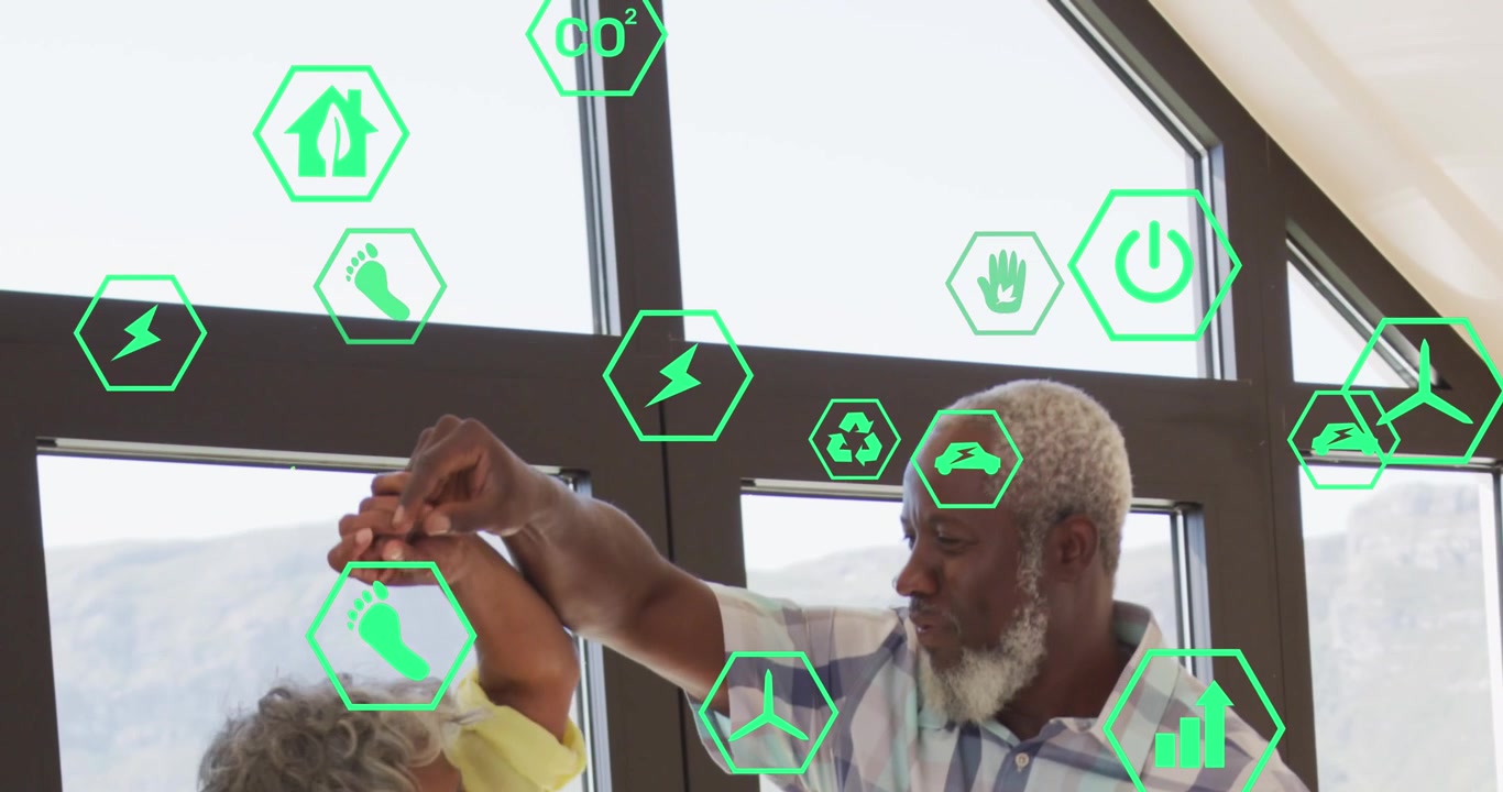 Animation of icons over senior african american couple