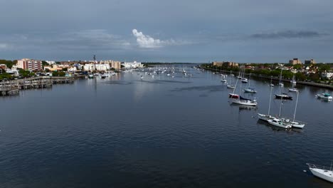 An-aerial-view-of-Sheepshead-Bay,-Brooklyn-in-New-York-on-a-beautiful-day