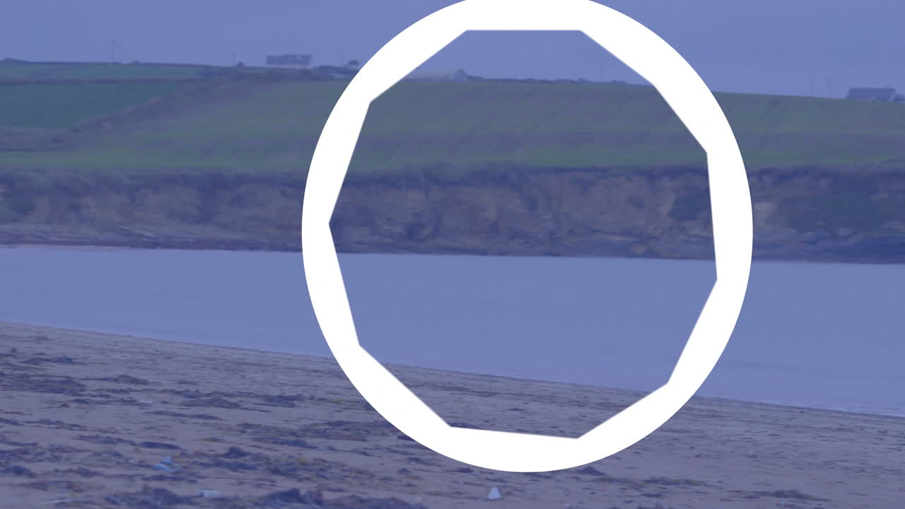 White octagon animation over coastal landscape with beach and distant houses