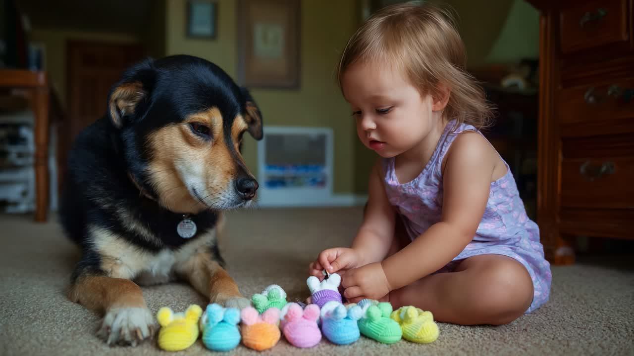 A Heartwarming Moment Between a Young Child and Her Loyal Dog Surrounded by Colorful Plush Mice in a Cozy Living Room Setting, Capturing Friendship and Innocence