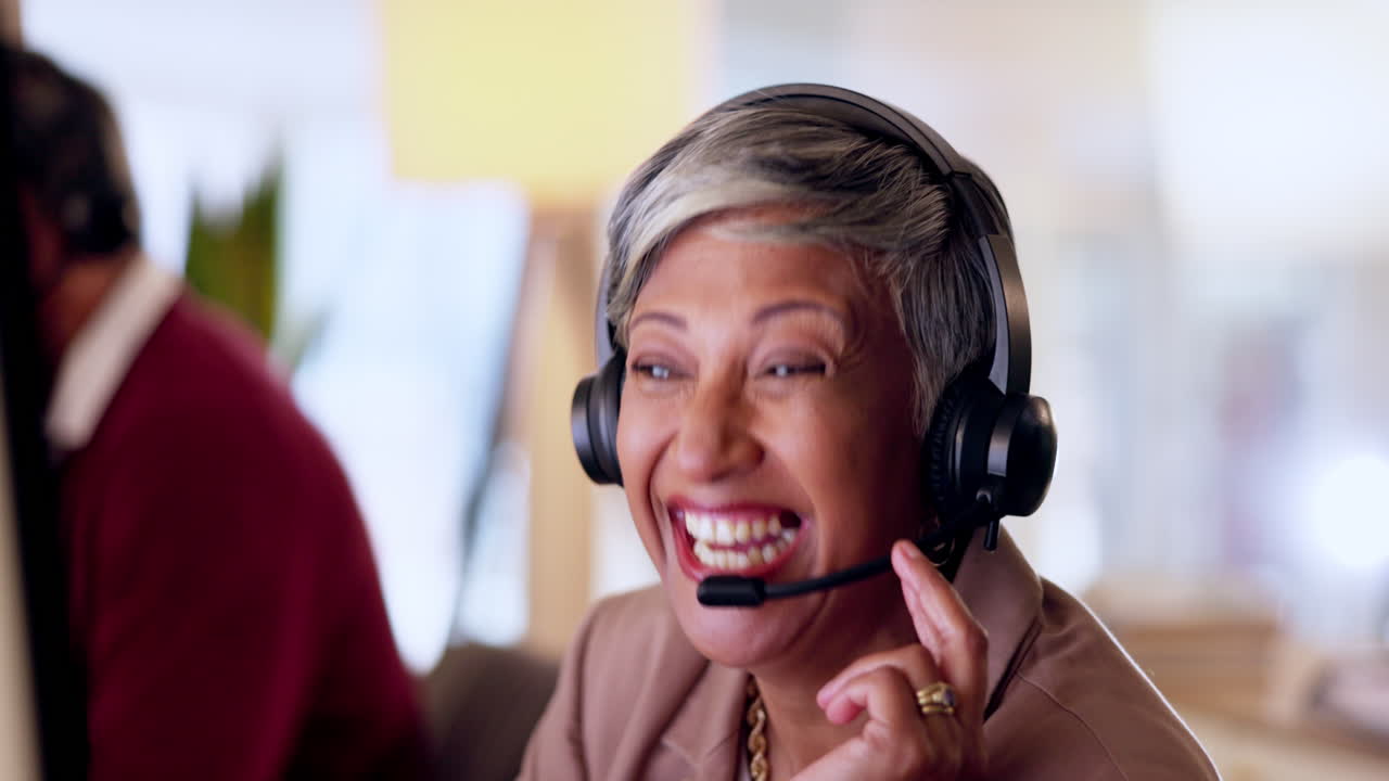 Mature woman, call center and laugh in office