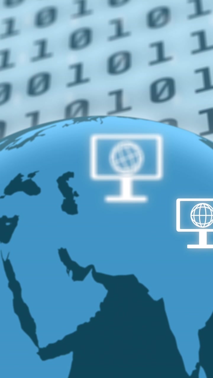 Animation of globe with computer and envelope icons over binary coding