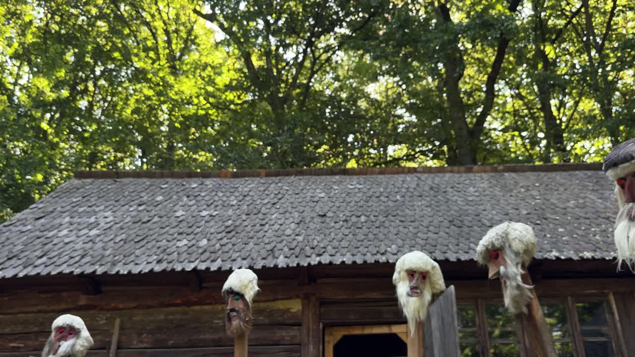 Traditional Romanian masks made from animal remains in a forest of Sibiu