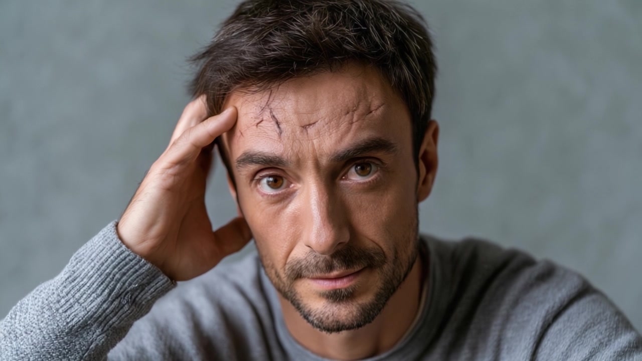 Un momento riflessivo catturato in una serie di espressioni sorprendenti, che mostrano emozione intensa e profondità nello sguardo di un uomo segnato da cicatrici visibili sulla fronte, a simboleggiare lotte passate e resilienza.