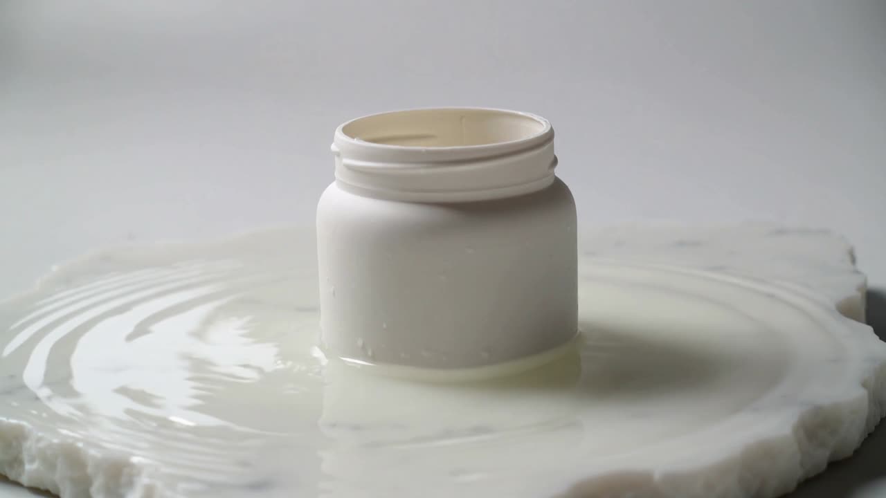 Anelli concentrici increspati di liquido bianco che si diffondono su una lastra di marmo, innescati da un barattolo senza coperchio.