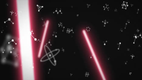 animación de moléculas que giran sobre rayas de neón brillantes